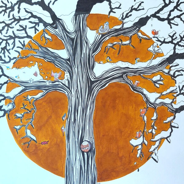 arbre à chat - hiver / encre, stylo et crayon / 42 x 59,4 cm / 2023