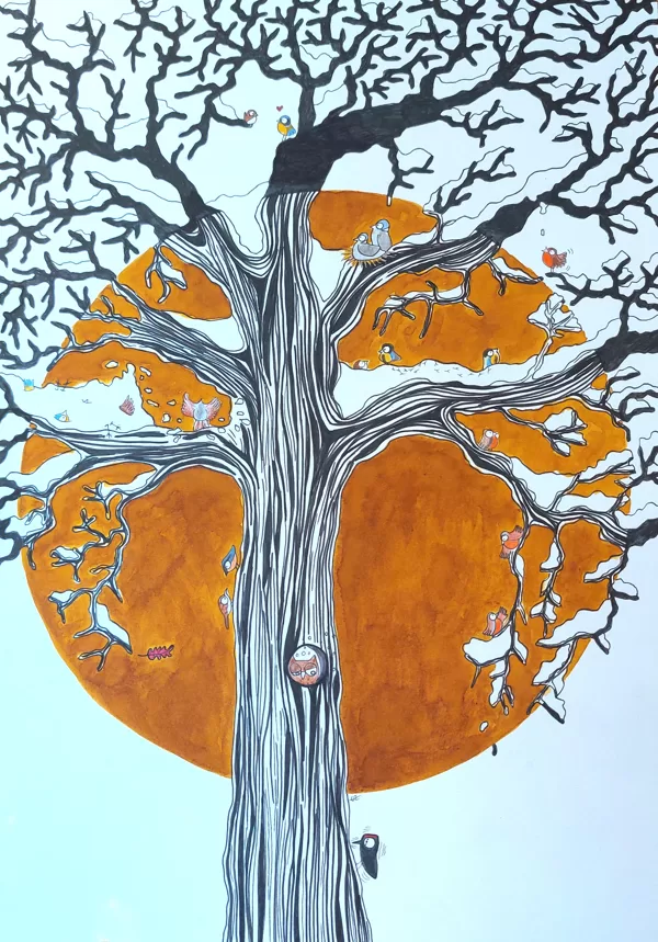 arbre à chat - hiver / encre, stylo et crayon / 42 x 59,4 cm / 2023