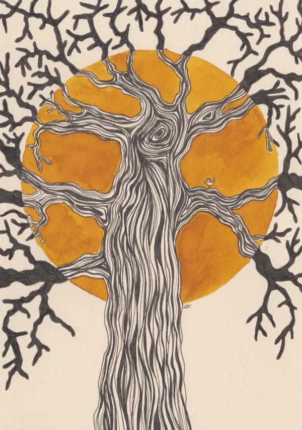 arbre à troglodyte mignon / encre, crayon et stylo / 14,8 x 21 cm / 2023 (vendu)