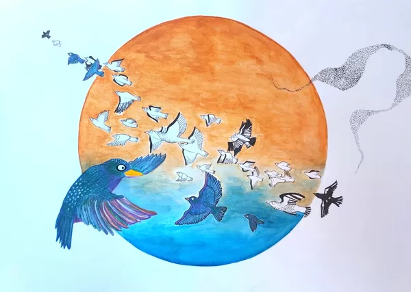 bande d'étourneaux / aquarelle, crayon et stylo / 29,7 x 42 cm / 2023