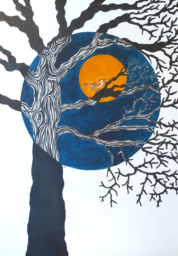 arbre à chat - rossignol / encre, stylo, aquarelle et crayon / 29,7 x 42 cm / 2022